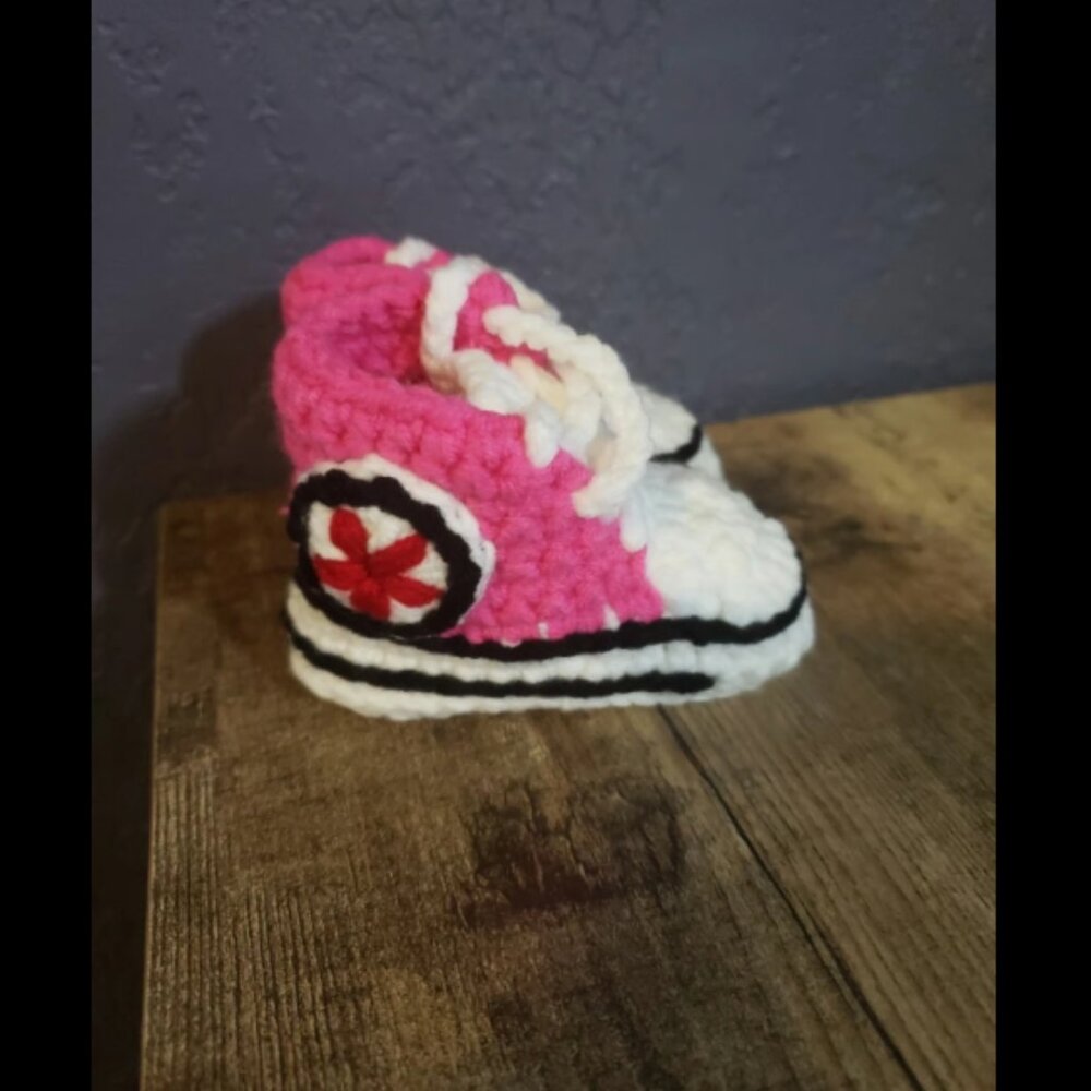 Our Little Kicks Infant 0-6 Months, Handmade Crochet Pink White High Top Shoes